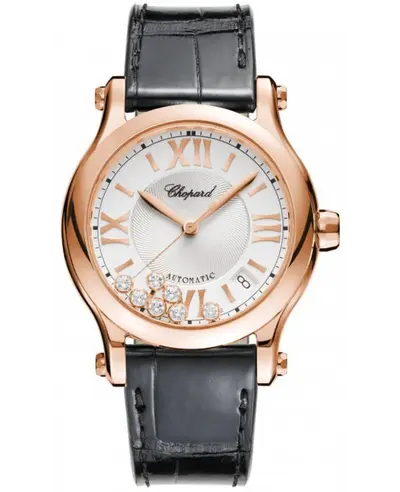 Chopard Happy Sport Medium Automatic 36mm Silver Diamond Dial 18K Rose Gold Leather Strap Women's Watch Model: 2748085001 274808-5001 (arb9957)