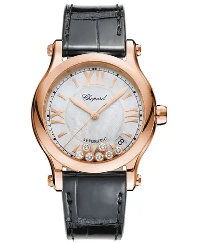 Chopard Happy Sport Medium Automatic 36mm Mother of Pearl, Black Dial with Rose Gold Case and Black Alligator Leather Strap - Model No. 274808-5008 (arb9961)