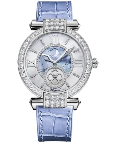 Chopard Imperiale Moonphase Automatic Model 384246-1001 Blue Mother of Pearl Dial Diamond Bezel 18K White Gold Case Leather Strap Women's Luxury Watch (arb10318)