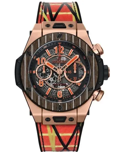 Hublot Big Bang Unico 411.OQ.1189.NR.ITI18 - Men's Watch Skeleton Dial Carbon Fiber Wood Bezel Rubber Strap Rose Gold (arb10363)