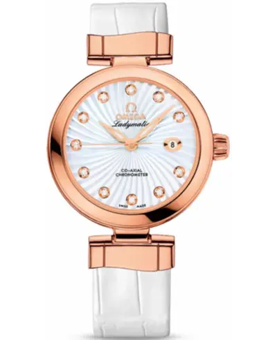 Brand New Authentic Omega De Ville Ladymatic 42563342055001 Rose Gold On White Leather Strap Women's Watch 425.63.34.20.55.001 (arb10444)