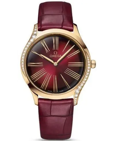 Brand New Authentic Omega De Ville Tresor Model 42858366011001 Rose Gold Burgundy Dial Leather Strap With Diamond Details Watch 428.58.36.60.11.001 (arb10484)
