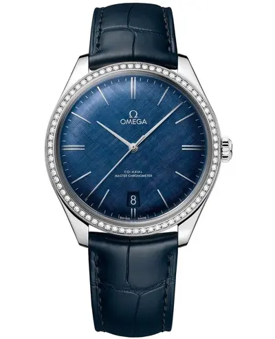 Omega De Ville Chronometer Blue Dial Diamond Blue Leather Strap Men's Watch Model 435.18.40.21.03.001 (blue, arb10642)