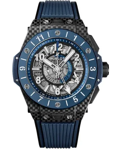 Authentic Hublot Big Bang Unico GMT Model 471.QL.7127.RX - Carbon Fiber, Blue Rubber Strap (arb10700)