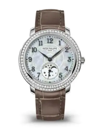 Patek Philippe Complications 4968G-010 Authentic Luxury Watch - Women's White Gold Mother of Pearl Dial Chronograph with Diamonds Bezel (arb10719)