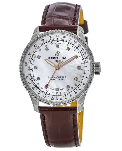 Women's Breitling Navitimer Automatic 35 Pearl Diamond Dial Leather Strap Watch Model A17395211A1P1 (arb11309)
