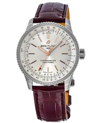 Authentic Breitling Navitimer Automatic 35 Silver Dial Burgundy Leather Strap Women's Watch Model A17395F41G1P2 (arb11318)