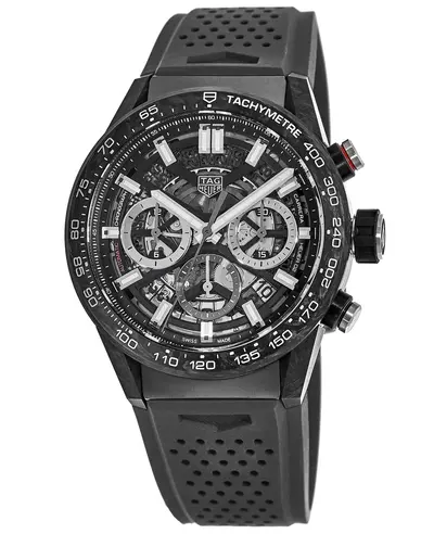 Brand New Authentic Tag Heuer Carrera Calibre 02 Heuer Men's Watch Automatic Skeleton Chronograph Black Steel PVD Carbon Lugs Strap FT6143 CBG2016.FT6143 (arb23357)