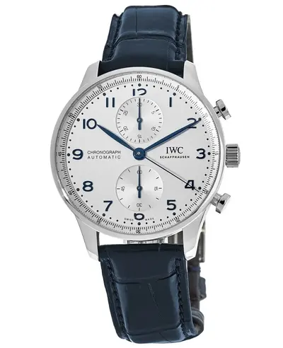Brand New Authentic IWC Portugieser Automatic Chronograph Silver Dial Blue Leather Strap Men's Watch Model IW371605 (arb11839)