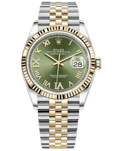 Rolex Datejust 36 M126233-0025 Authentic Luxury Watch Yellow Gold Fluted Bezel Olive Green Dial Roman Numeral Pave Diamond VI IX (green, arb12053)