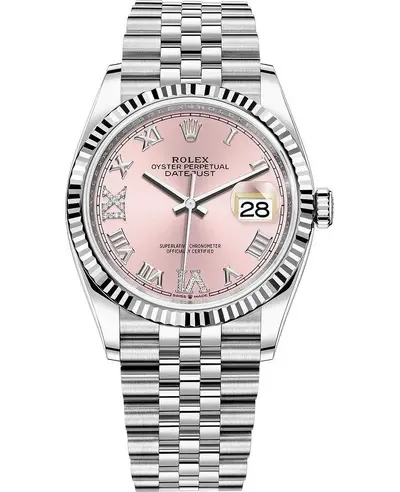 Rolex Datejust 36 Steel & White Gold Pink Diamond Pave Roman Dial Women's Watch Model M126234-0031 (pink, arb12075)