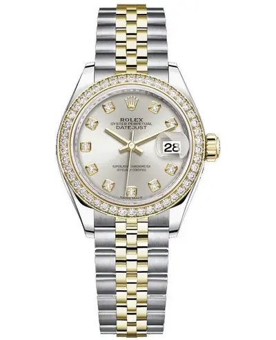 Rolex Lady-Datejust 28 Stainless Steel & Yellow Gold Silver Diamond Dial Watch Model M279383RBR-0007 (arb12456)