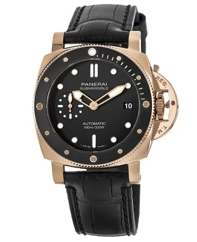 Panerai Submersible Men's Watch, PAM00974 - Rose Gold Case with Black Alligator Leather Strap and Automatic Movement (black, arb12522)