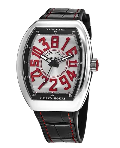 Franck Muller Vanguard Crazy Hours Silver Red Dial, Leather Strap | Model V45CHACER V 45 CH AC (ER) (arb12800)