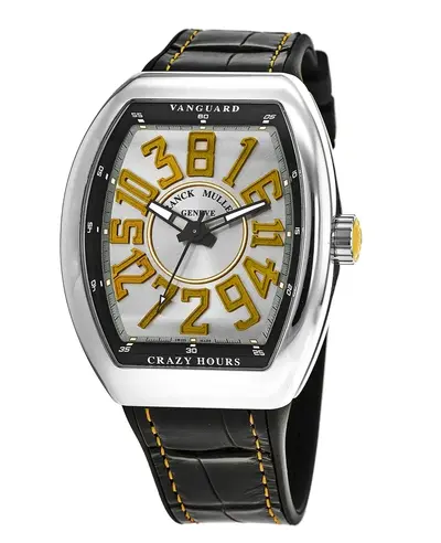 Franck Muller Vanguard Crazy Hours Silver Yellow Dial Leather Strap Unisex Watch V45CHACJA V 45 CH AC (JA) (arb12801)