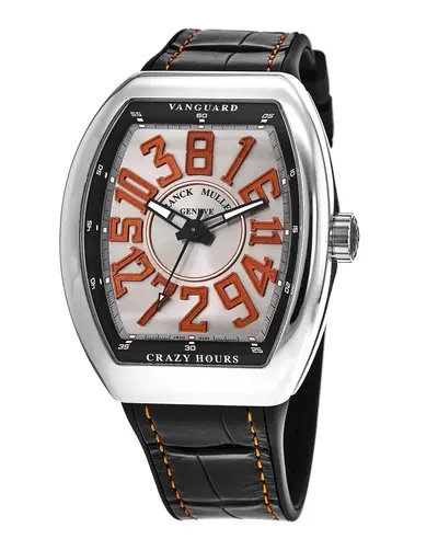V 45 CH AC (OR) Franck Muller Vanguard Crazy Hours Silver Orange Dial Leather Strap Unisex Watch (arb12802)