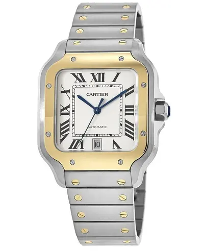 Cartier Santos De Cartier Men's Watch W2SA0009 Silver Dial Stainless Steel 18K Yellow Gold Bezel (arb12911)