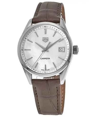 Authentic Tag Heuer Carrera Quartz Mother of Pearl Dial Brown Leather Strap Women's Watch wbk1311.fc8258 (arb12993)