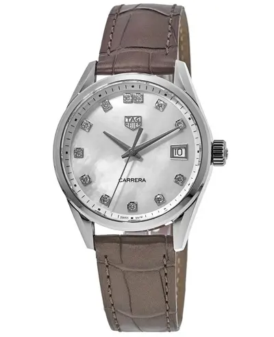 Tag Heuer Carrera Quartz Mother of Pearl Diamond Dial Taupe Leather Strap Watch wbk1318.fc8258 (arb12998)
